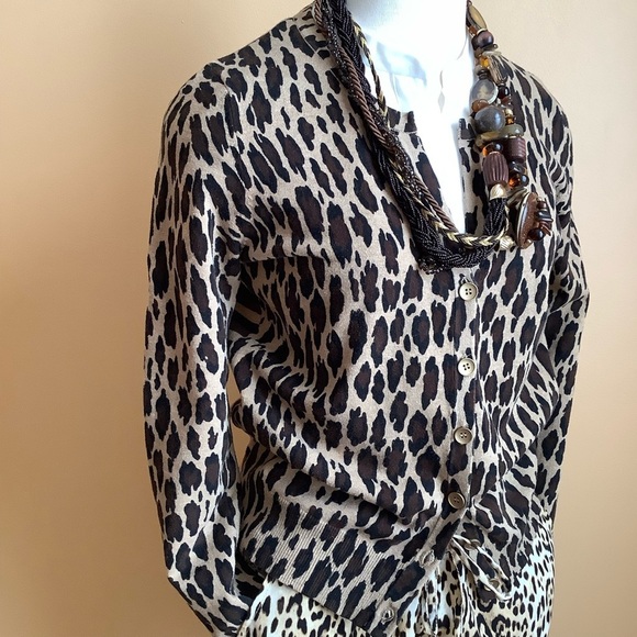 JONES NEW YORK Brown Leopard Cotton Knit Cardigan Size M - Picture 2 of 14